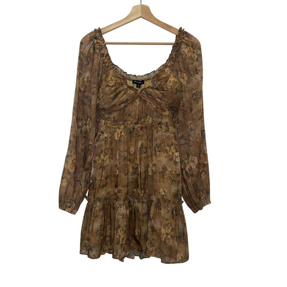 NWT Blu Pepper, Small Brown Floral Dress with Sheer Long Sleeves - Picture 2 of 8